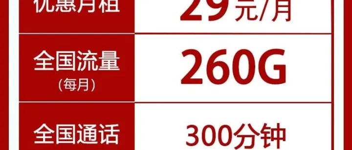 每月29元，享260G通用+300分钟【限18-28岁】