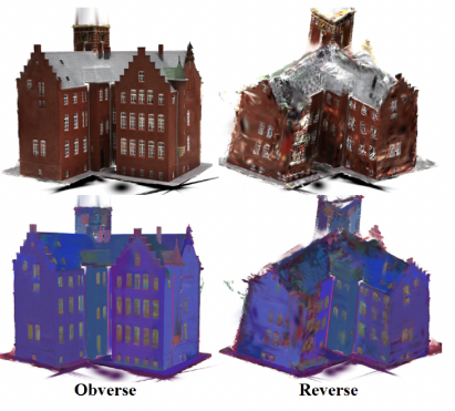 原文图1右半部分展示了模型正反两面的重建效果（Obverse/Reverse），可以有力地证明几何精度和去噪能力