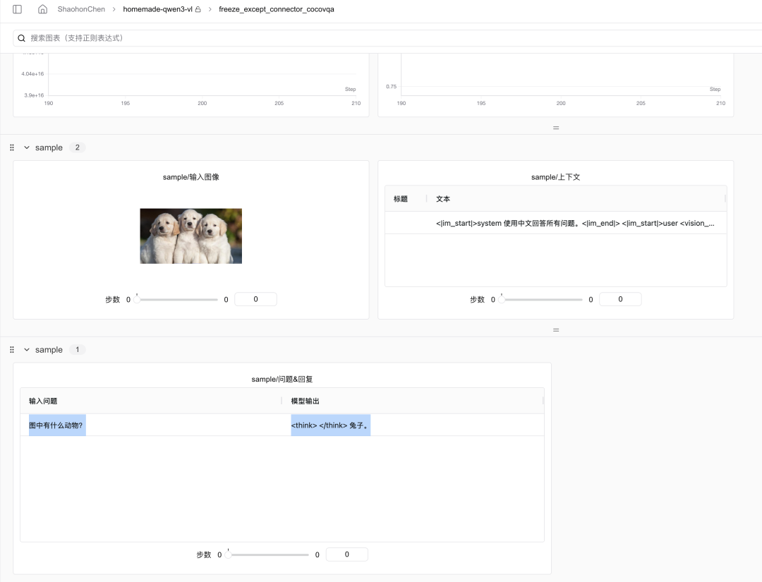 SwanLab记录了模型训练好后的推理结果，可以看到模型能正常理解和回复中文