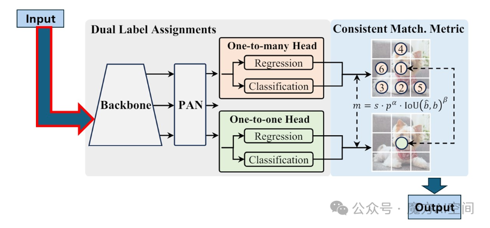 图 6：YOLOv10 架构。 采用双标签分配策略来提高检测精度，主干网络处理输入图像，而 PAN（路径聚合网络）增强特征表示。（1）用于回归和分类任务的一对多头；（2）用于精确定位的一对一头。