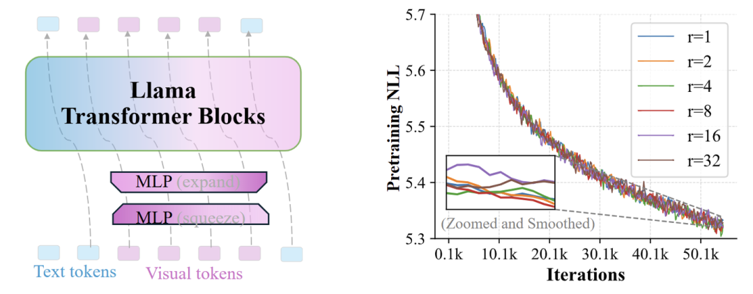 图3：视觉词汇维度冗余。左：两个 MLP 将视觉 token 的 rank 降低了 r 倍。右图：不同 r 值的预训练损失 (log-scaled perplexity)，即使降维显著，性能影响很小