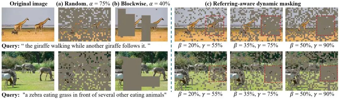 图3. 随机掩码（MAE）、分块掩码（BEiT）和我们的基于指代的动态图像掩码的示意图。α表示整个掩码比例，而β和γ表示超出和位于引用区域内的掩码比例