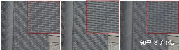 从左到右依次是：SISR方法（CDC[7]），BurstSR方法（DBSR[8]），VSR方法（BasicVSR++[9]）