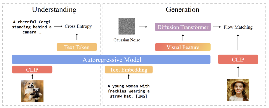 图2：BLIP3-o 架构。对于图像理解部分，使用 CLIP 对图像进行编码，并计算目标文本 token 和预测文本 token 之间的 cross entropy loss。对于图像生成部分，自回归模型首先生成一系列中间视觉特征，然后将其用作 DiT 的 Condition，由 DiT 生成 CLIP 图像特征以近似真实 CLIP 特征