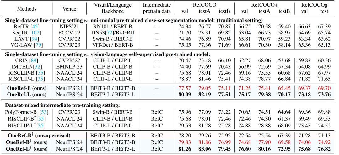 表3 在 RES 任务上采用两种不同设置下的比较 (mIoU 结果)