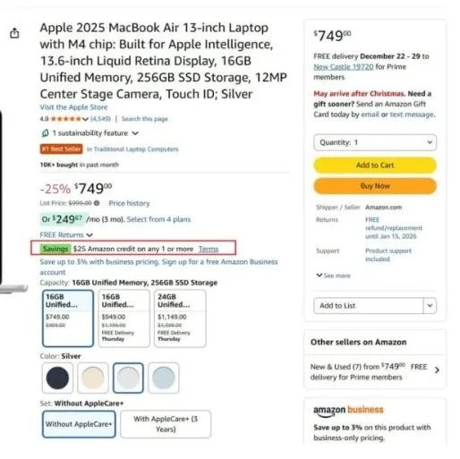Amazon: Apple 2025 MacBook 史低，$749 还返 $25 Amazon <em>Credit</em>