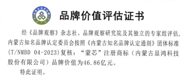 2025内蒙古知名百强品牌价值评价           显鸿科技"蒙芯"品牌价值位列第30名