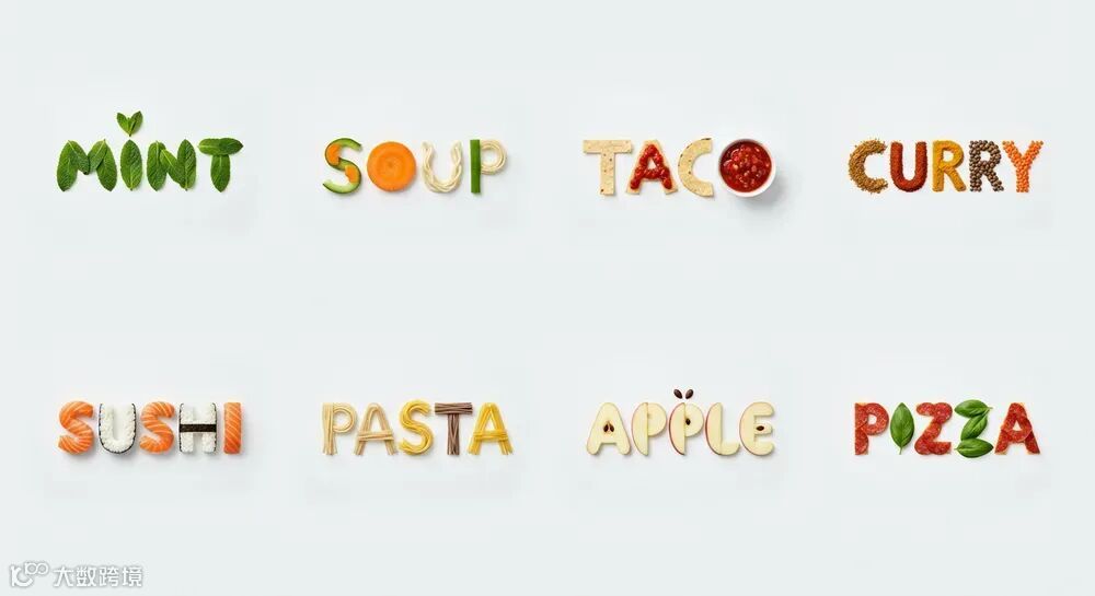 创意美食摄影，每个单词都用相关的食材艺术性地拼写出来。