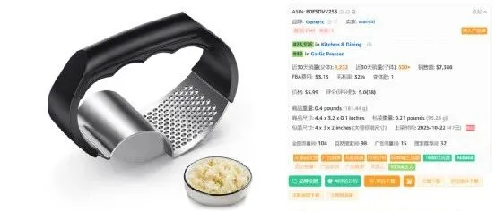 两用蒜压器，亚马逊上架47天，月销量1232单，经典的低单价产品