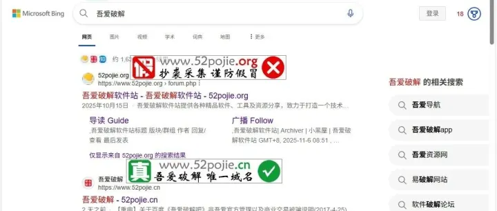 【公告】关于必应搜索推送“吾爱破解”假冒网站的紧急声明