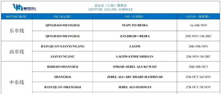【WEEK 43中东非洲路线 船期表】嘉迈乐（上海）供应链管理有限公司