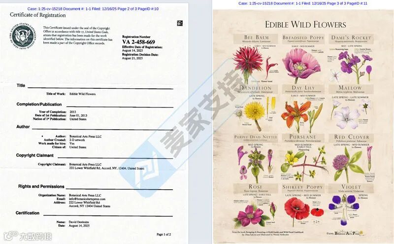 5-cv-15218,可食用野生花卉海报版权维权进行时,跨境卖家注意TRO冻结风险!"