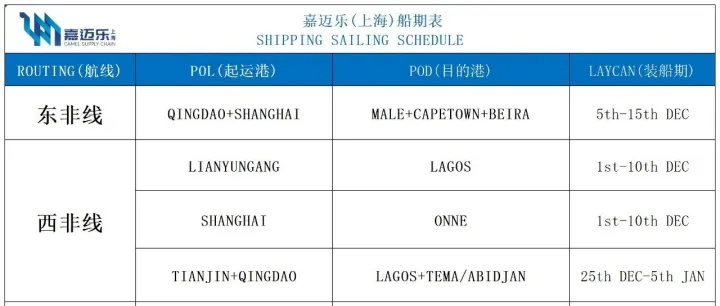 【WEEK 48 中东非洲路线 船期表】嘉迈乐（上海）供应链管理有限公司