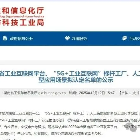 87个！2025年湖南省工业互联网平台、“5G+工业互联网”标杆工厂、人工智能赋能新型工业化典型应用场景名单公示