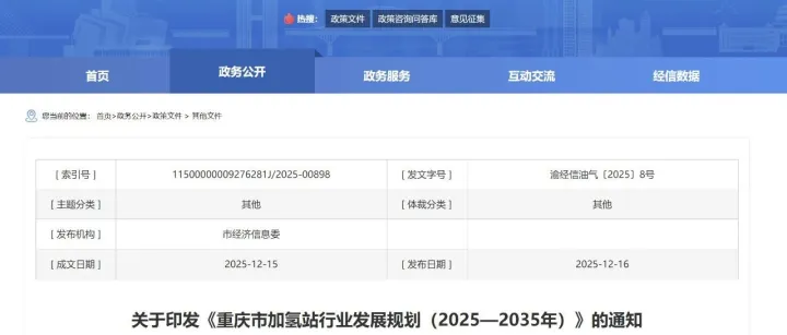 合策共进 |《重庆市加氢站行业发展规划（2025—2035年）》发布：新建60座加氢站