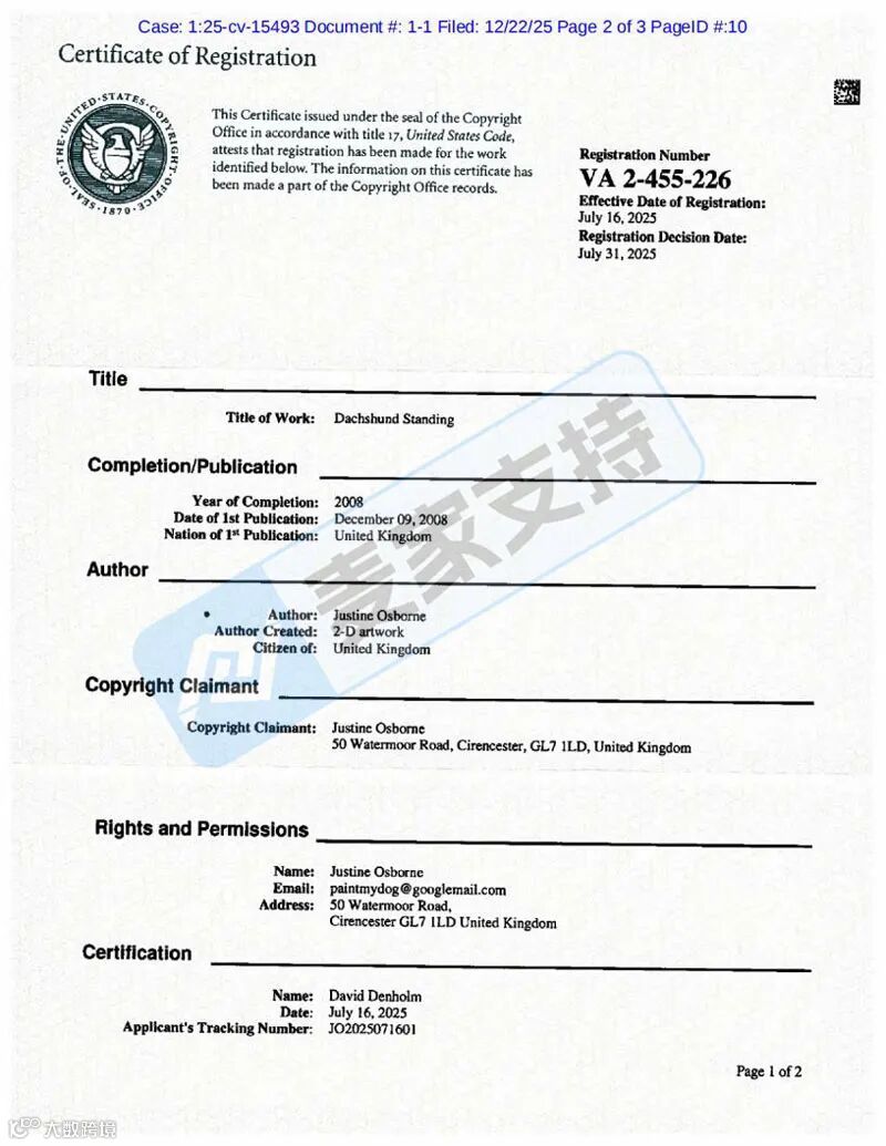 5-cv-15493,keith新案之站立的腊肠犬版权维权,相关卖家速自查避险"