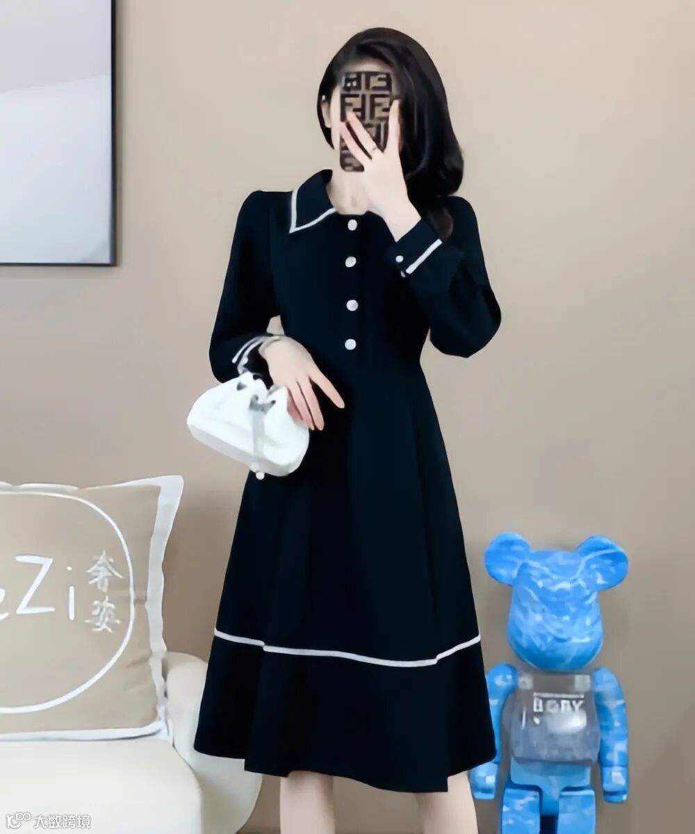 秋装大码女装气质翻领裙子胖妹妹撞色织带连衣裙.jpg