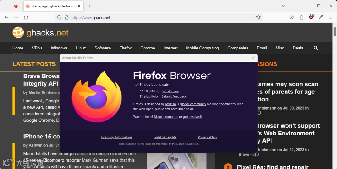火狐浏览器 Firefox 116 稳定版发布:画中画可调整音量、不再支持 Win7 / Win8.1