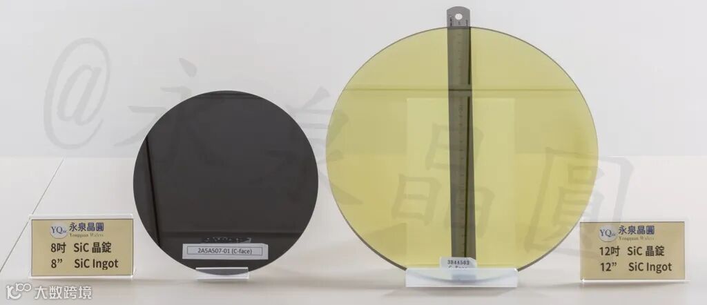 永泉晶圆自行研发设计自产的长晶炉，产出的12吋SiC晶锭及8吋SiC晶锭。图/业者提供