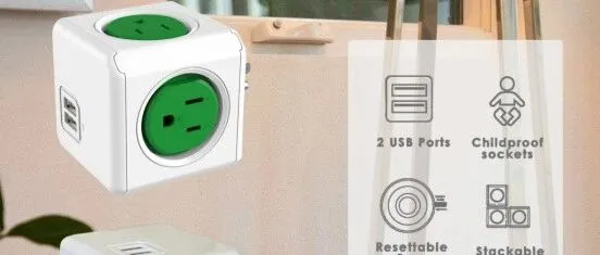 USB Power Cube Socket, 4 Outlets and 2 USB Ports