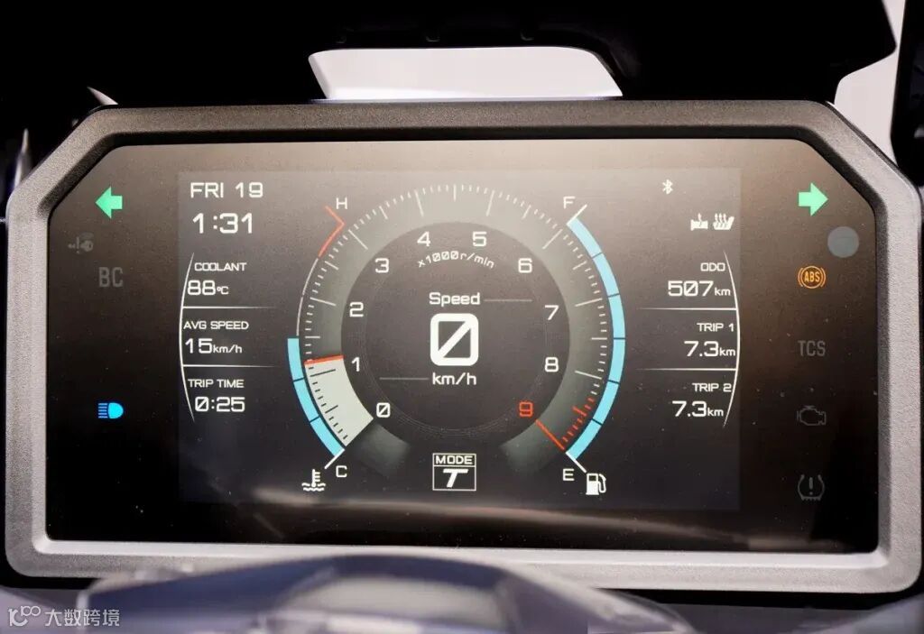 7 吋大型 TFT 顯示器，將速度與引擎轉速配置在中央位置，周圍顯示單次里程、總里程、水溫等資訊。