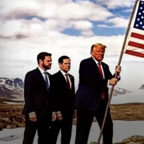 特朗普发图：一张为他手持星条旗，登上格陵兰岛，另一张是他与欧洲领导人会面，边上地图显示美国已吞并加拿大、格陵兰岛和委内瑞拉