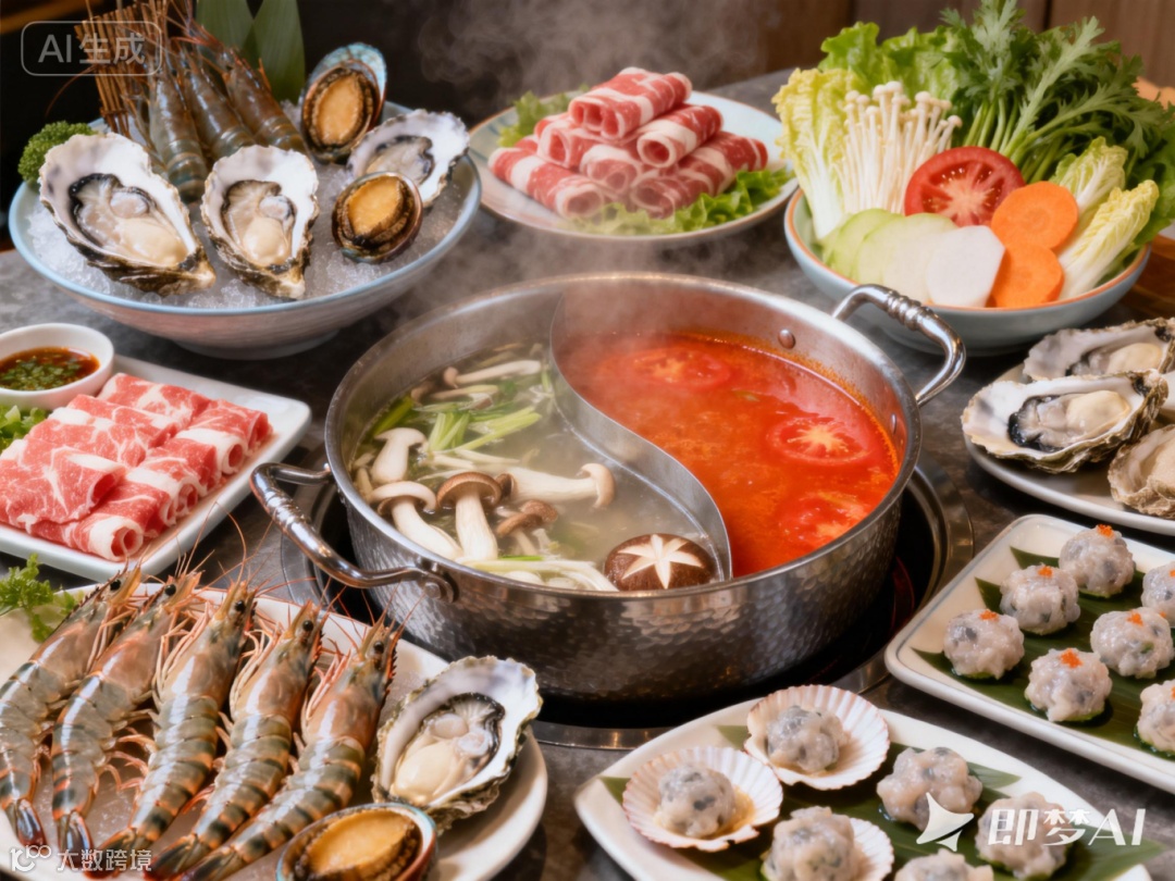 jimeng-2026-01-29-5030-一桌豐盛的海鮮火鍋盛宴，鴛鴦鍋底，一半是清鮮的菌湯，一半是濃郁的番茄湯。桌上擺滿....png