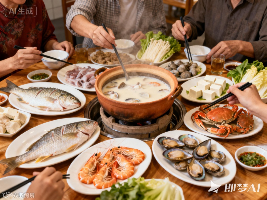 jimeng-2026-01-29-1860-家庭聚餐的場景，一桌豐盛的粵式海鮮打邊爐。中間是一個陶土砂鍋，里面是奶白色的海鮮....png