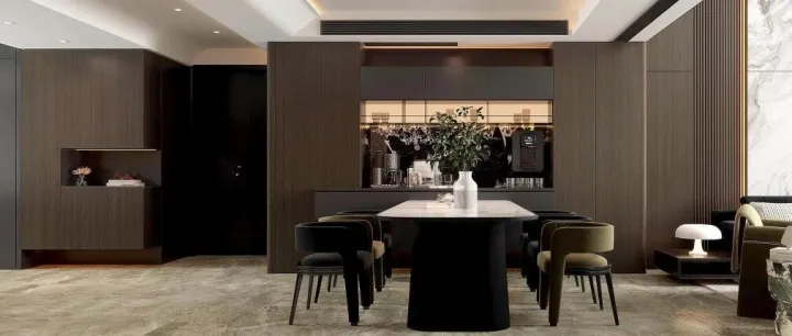 深胡桃与黑色的融合，打造大气稳重的大宅轻奢感，150平以上建议考虑