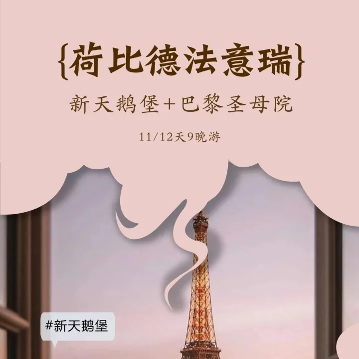 【荷比德法意瑞】比德法意瑞+新天鹅堡+风车村 11/12天9晚 13999元/人|全程四星酒店|正餐全含|双宫双游船|新天鹅堡