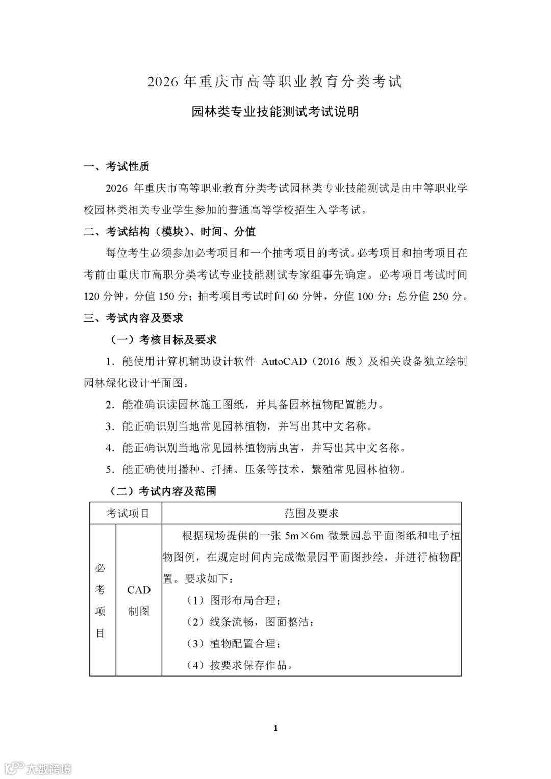 2026年重庆市高等职业教育分类考试园林类专业技能测试考试说明_页面_1.png