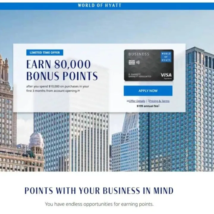 Chase World of Hyatt Business 商业信用卡：限时 <em>80k</em> 开卡奖励