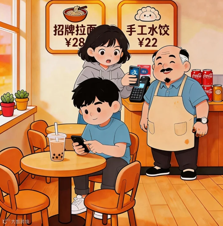 jimeng-2026-03-12-7096-图中小女孩拿起手机贴近支付宝碰一碰这个设备.png