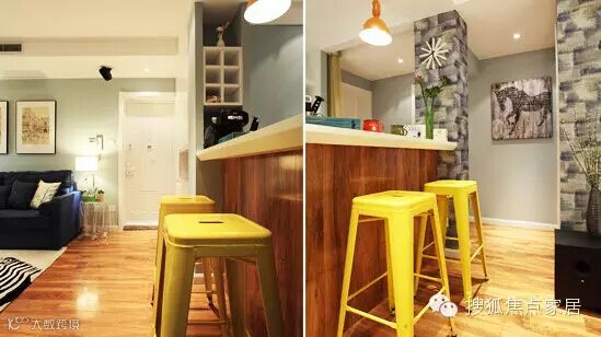 ▲隔断设计:隔断墙与吧台合二为一,隔断墙外的人可以坐到吧台处喝上一杯茶聊聊天,隔断墙内的人则专心自己的工作。吧台与墙面相接处,还做了些收纳小格子,吧台另一端是一根柱子,是明显的书房隔断。