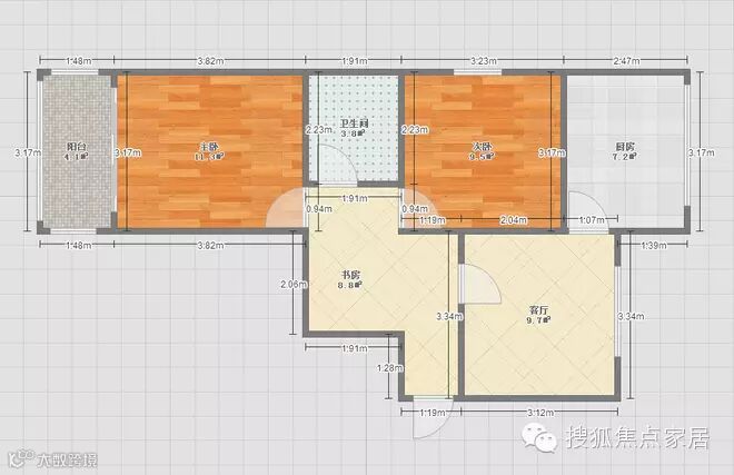 原始户型图
设计师建议:
1、把玄关与客厅隔断打掉,开阔客厅视野;
2、入门左边做一个吧台,围成一个开放式书房;
3、原来的厨房面积扩大,次卧缩小,实现餐厨二合一。