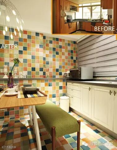 ▲空间改造:餐厨二合一的设计,圆了业主的一个小愿望,既方便又有家的温馨。整个厨房五颜六色的磁砖显得很俏皮活泼,百叶窗可以调节大窗户的光线。