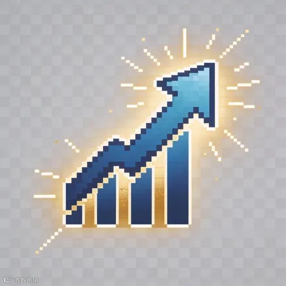 一个像素风格的向上升级箭头图标，带有经验值增长的光效，蓝色和金色混合，背景透明，极简设计。