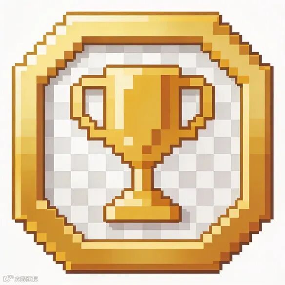 一个像素风格的游戏成就勋章图标，金色边框，中间是一个抽象的奖杯图案，背景透明，极简设计。