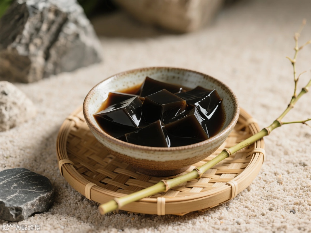 粗陶碗、竹编托盘、枯山水砂石背景，黑色仙草冻旁放一截小竹枝。突出黑糖的焦糖色与仙草冻的深褐对比。.png