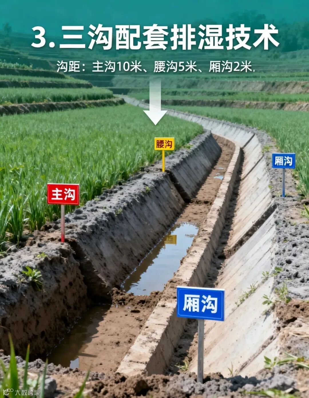 三沟配套技术实施示意图,展示田间排水系统布局