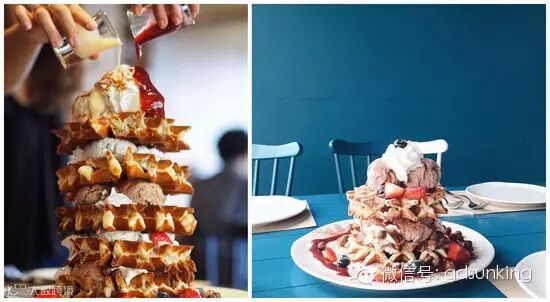 华夫饼是这里的主打食材;如果留心看,可以注意到天花板的设计就是模拟了华夫饼的形状