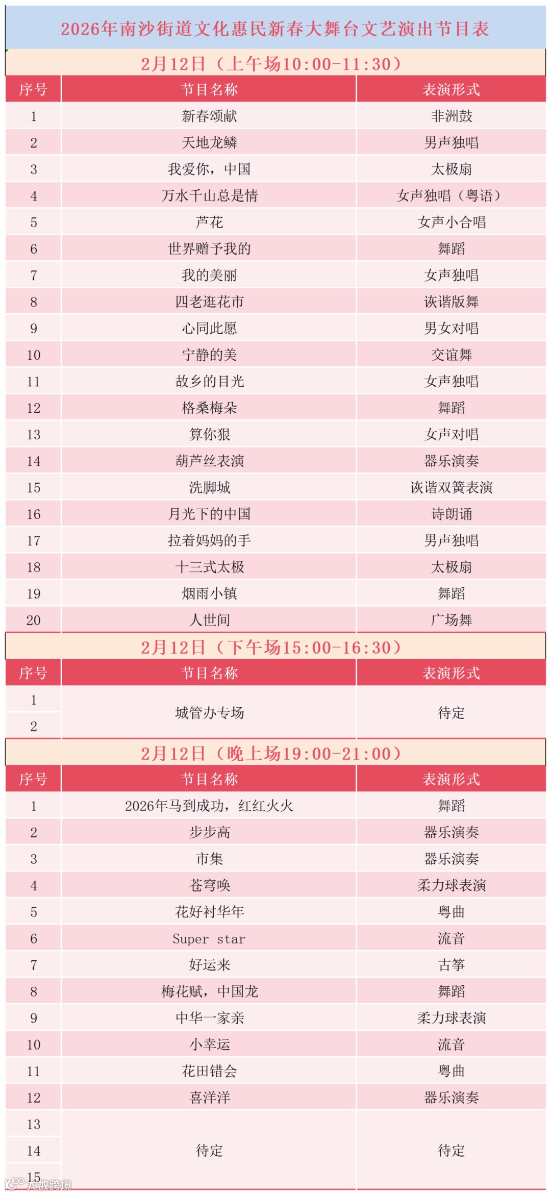 2026年南沙街道文化惠民新春大舞台文艺演出排期表_2月12日.png