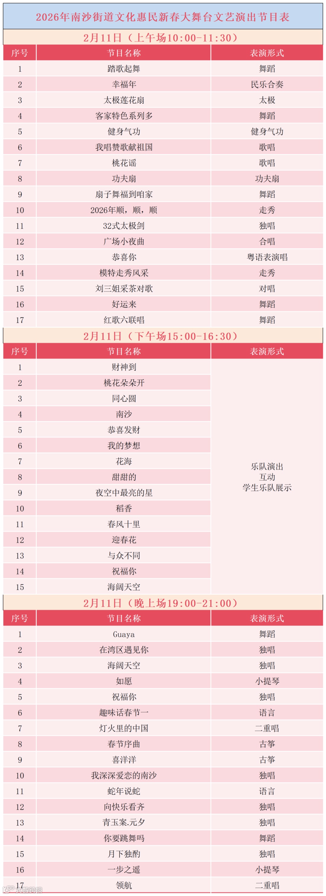2026年南沙街道文化惠民新春大舞台文艺演出排期表_2月11日.png