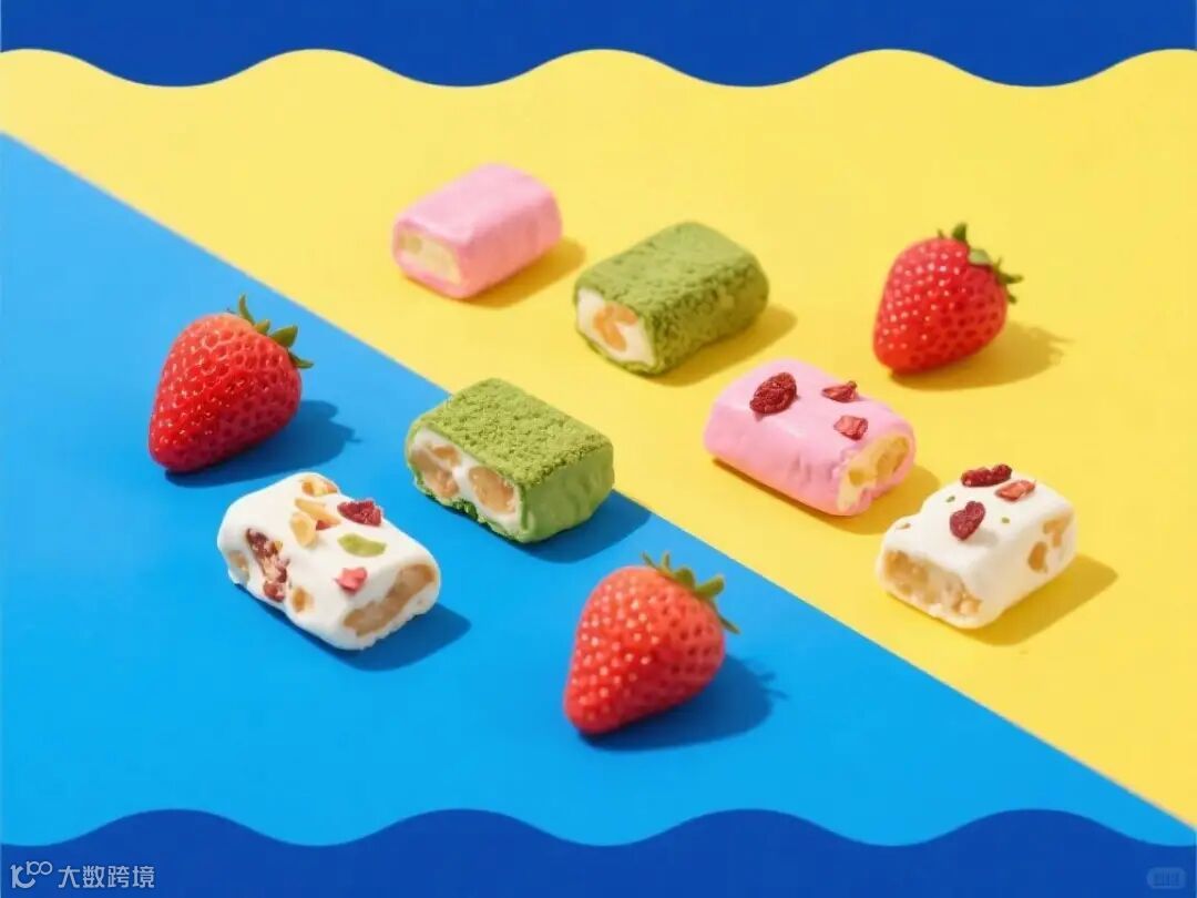 风味牛轧糖展示，多彩食品风，蓝黄主色调