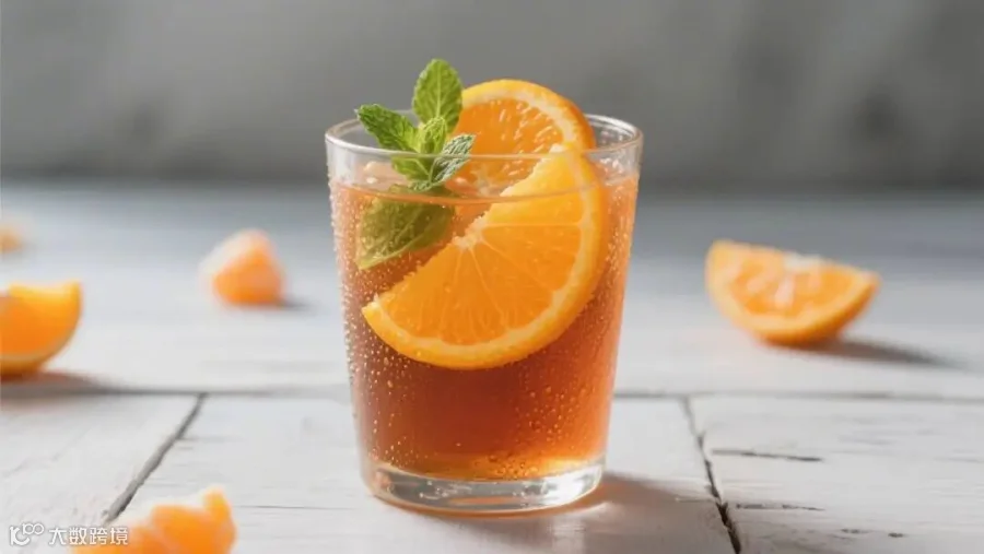 鲜果风味饮品展示，清新自然，橙棕主色调