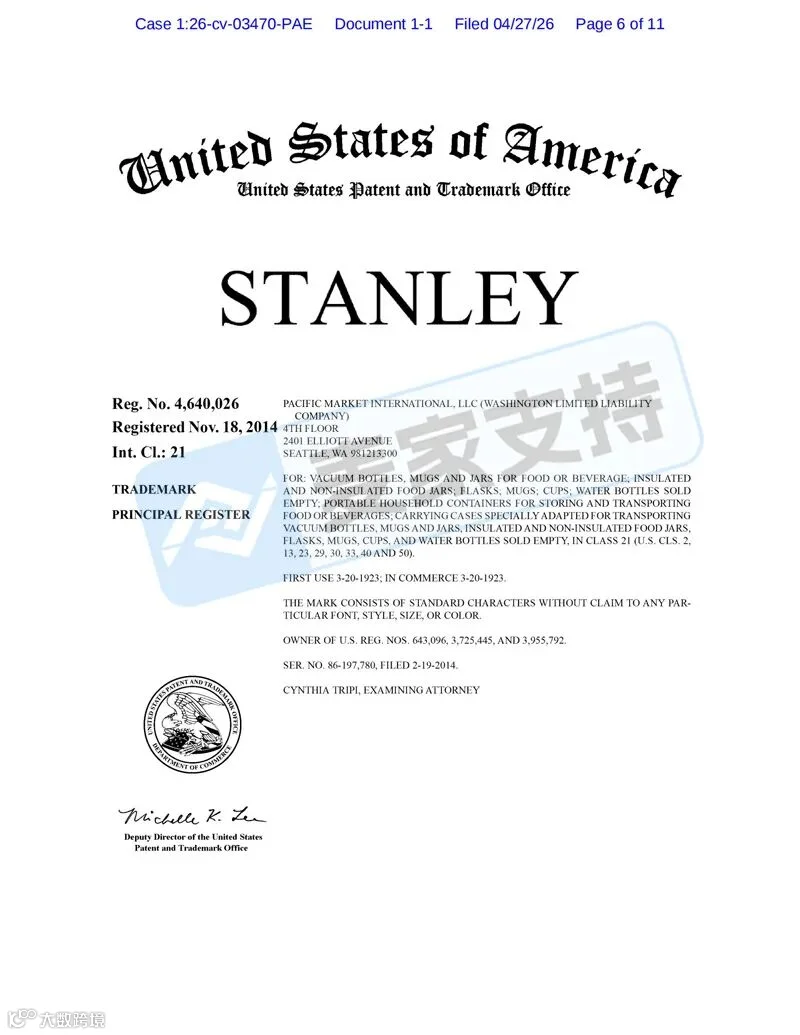 6-cv-03470，百年水杯品牌Stanley申请TRO维权！商标&专利全面封杀，跨境卖家立即下架"