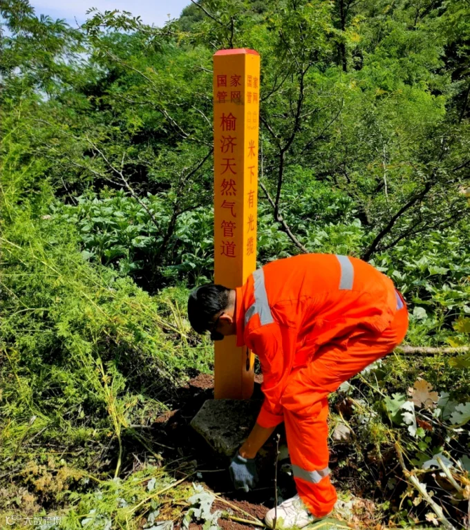 7月12日,河南管理处安阳巡线队队员吕艳超烈日下在林州市任村镇山区管段加固警示桩.jpg