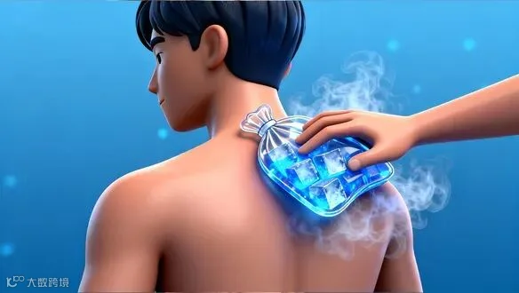 一个亚洲人的肩膀轮廓，一个包裹好的热敷袋正敷在肌肉酸痛的部位，扁平化矢量插画风格。