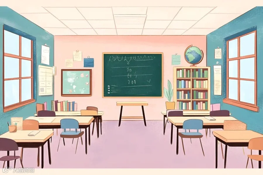 Classroom简约卡通风温馨教室课桌椅黑板地球仪书架插画（商业使用）.png