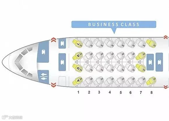 美国航空波音787-9的商务舱座椅布局为标准的“反鱼骨”式